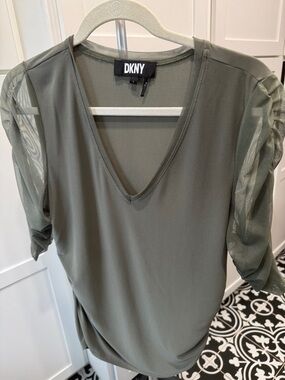 DKNY Olive Green Mesh Sleeve V-Neck Ruched Blouse Size Large